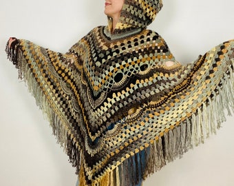 ブラウンウールフード付きレディースポンチョフリンジ、プラスサイズラップ、アルパカヒッピーケープ