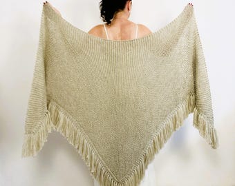 Beige Alpaca Wedding Shawl Large Wool Triangle Bridal Wrap with Fringe Plus Size