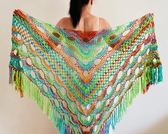 Rainbow Cotton Shawl Fringe, Beige Evening Wrap Plus Size, Summer Triangle Scarf