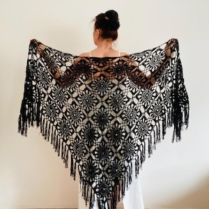 Black cotton shawl fringe, White bridal  lace evening wrap, Beige fall winter wedding triangle bridesmaid gift, Blue bride shoulder cover