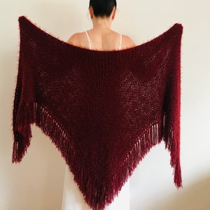 Burgundy plus size bridal shawl winter wedding shawl mohair bride triangle shawl fringe anniversary gift her wife mom