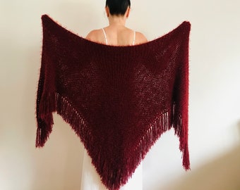 Burgundy plus size bridal shawl winter wedding shawl mohair bride triangle shawl fringe anniversary gift her wife mom