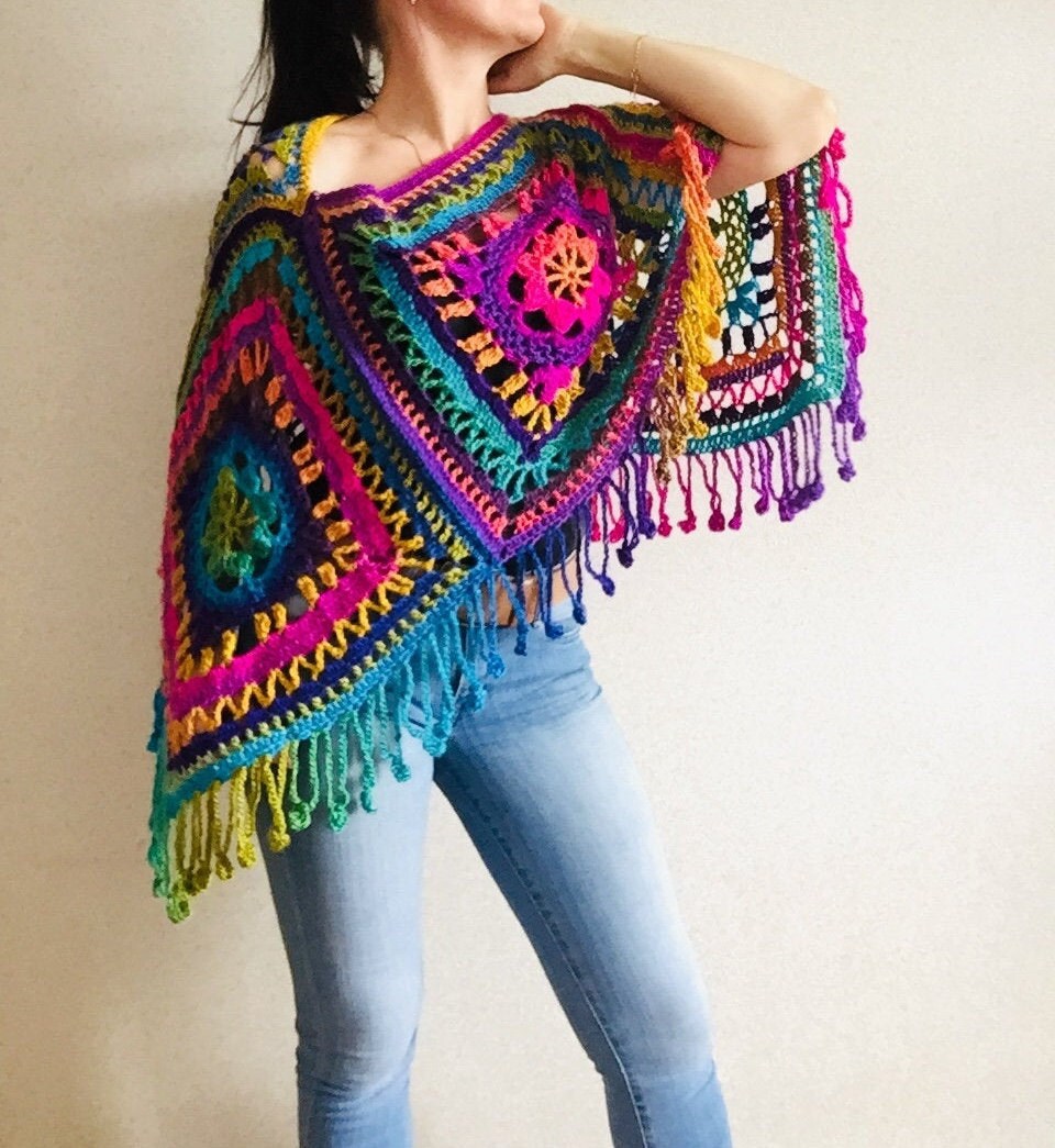 Rainbow Poncho Women Granny square Crochet Poncho Triangle | Etsy