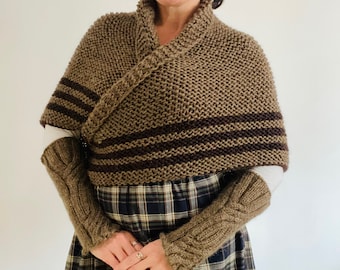 from USA SET Outlander costume shawl Claire mittens brown knit shoulder wrap alpaca wool fingerless gloves celtic shawl outlander gifts