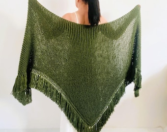 Khaki Alpaca Bridal Fringe Shawl, Green Knit Wool Wedding Formal Bridal Wrap, Bridesmaid Cover-up