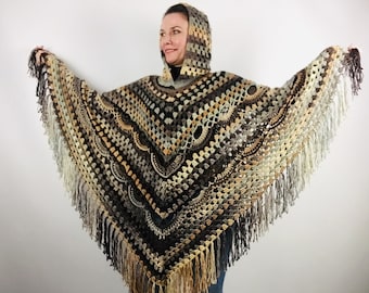 from USA Hoodie poncho brown ombre crochet wool poncho hooded shawl halloween poncho fringe hooded knit boho poncho