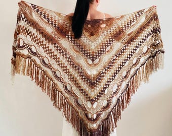 Brown Cotton Shawl Fringe, Beige Evening Wrap Plus Size, Summer Triangle Scarf