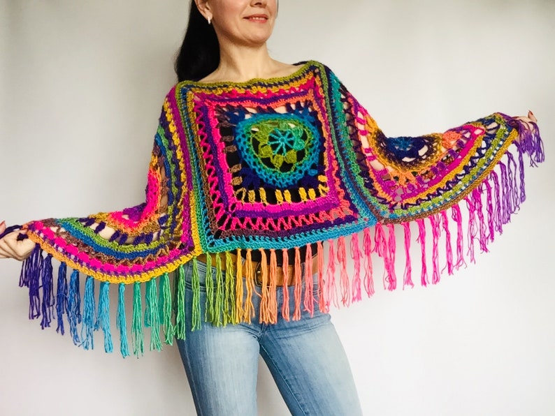 Multicolored Loose fit sweater Knit crochet Vegan festival hippie Pride winter poncho wrap plus size Rainbow soft poncho Women fringe vest