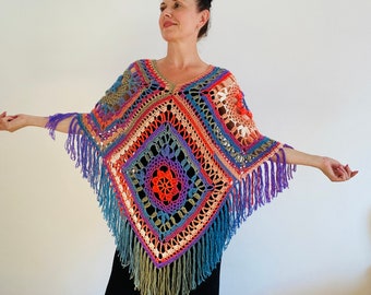 from USA rainbow poncho women knit poncho fringe shoulders wrap green hippie geometric poncho