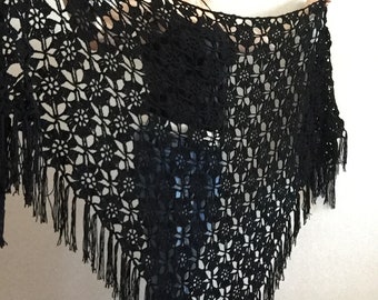 Black Lace Fringe Shawl, Cotton Bridal Wrap Plus Size Cover Up