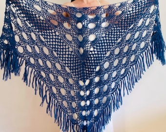 Blue Wool Lace Bridal Fringe Shawl, Navy Mohair  Wedding Wrap, Plus Size Cover-Up