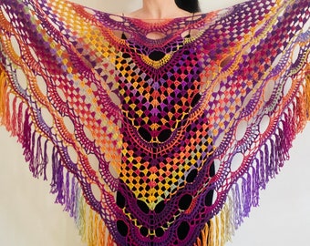 Poncho châle en laine violette à franges pour femmes, écharpe triangle violette, écharpe chaude au crochet, capeline marron grande taille, originaire des États-Unis