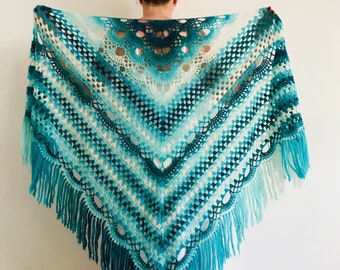 Blue Gradient Shawl, Ombre Crochet Shawl, Triangle Shawl Fringe, Women Woo Evening Shawl, Plus Size Shoulders Wrap Length 78"/200cm