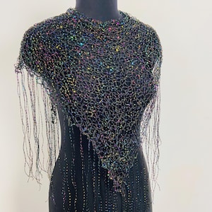 USA Rainbow Shawl Fringe, Black Bandana Hair Scarf Sequined Hip Wrap Silver sparkle headscarf, Festival necklace rave outfits burlesque