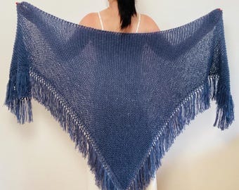 Blue Alpaca Bridal Shawl: Mohair Wool Fringe Wedding Wrap