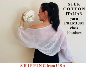 White cotton wedding bolero, silk bridal bolero, summer women crochet shrug long sleeve, light beach cover up, hand knit bolero jacket