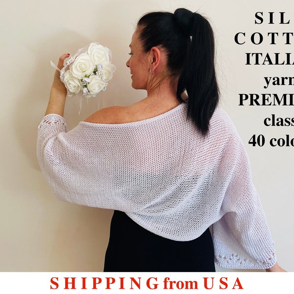 White cotton wedding bolero, silk bridal bolero, summer women crochet shrug long sleeve, light beach cover up, hand knit bolero jacket