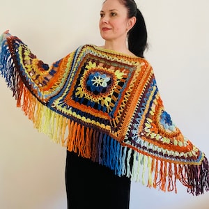 from USA Blue poncho women fringe, Plus size wool hippie wrap halloween shawl, Crochet oversized wool cape, Unisex Burnt Orange Brown 88