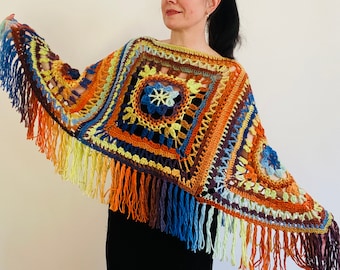 from USA Blue poncho women fringe, Plus size wool hippie wrap halloween shawl, Crochet oversized wool cape, Unisex Burnt Orange Brown 20