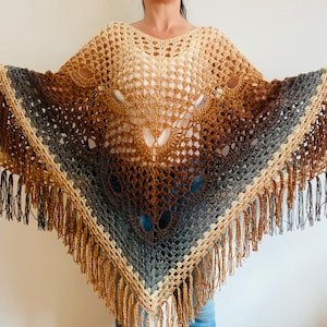 from USA Brown obsidian poncho women, gradient ombre crochet poncho, wool plus size poncho fringe, fall winter festival poncho cape image 8