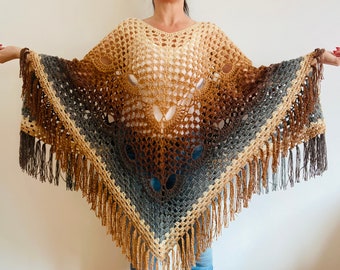 Brown plus size poncho women, crochet poncho alpaca wool, fringe poncho cape, ombre hippie poncho, multicolor festival poncho