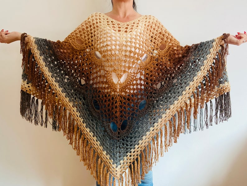 from USA Brown obsidian poncho women, gradient ombre crochet poncho, wool plus size poncho fringe, fall winter festival poncho cape image 8