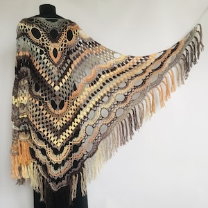Brown Beige Fringe Shawl, Large Triangle Festival Scarf