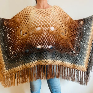 from USA Brown obsidian poncho women, gradient ombre crochet poncho, wool plus size poncho fringe, fall winter festival poncho cape image 9