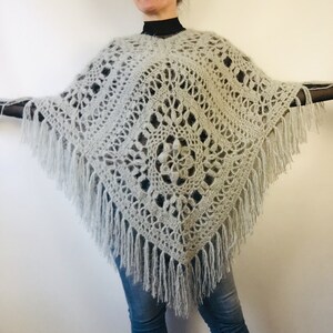 Gray granny square soft poncho fringe, Oversized boho blanket poncho, Plus size festival shawl, Gift For Her mom women, Vegan black blue