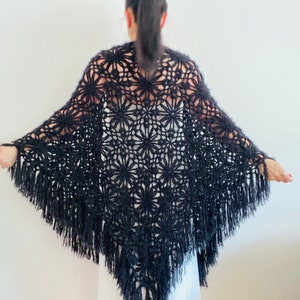 Women's Sheer Lace Triangle Shawl With Fringe - Floral Rose Pattern For Day Or Evening