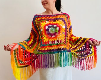 Rainbow poncho women fringe festival hippy poncho plus size 70s summer poncho hippie shoulder wrap 77