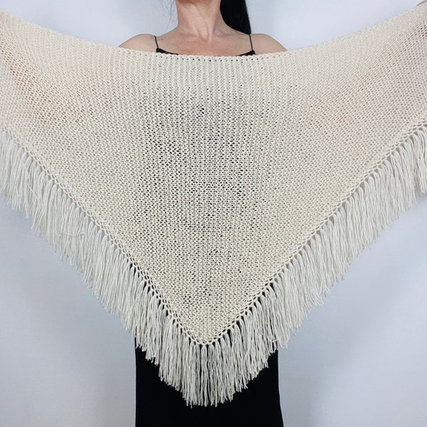 White Bridal Shawl Ivory Wedding Shawl Bride Triangle Knit Shoulders Wrap, Fringe Shawl, Wool Mohair Shawl, Alpaca Evening Shawl USA