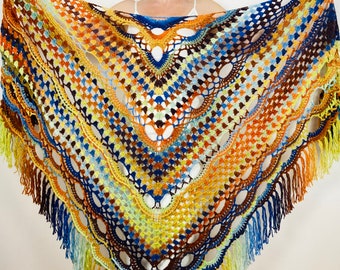 Blue wool shawl fringe 70s poncho women yellow triangle scarf warm shoulder wrap crochet capelet brown plus size evening capelet from USA