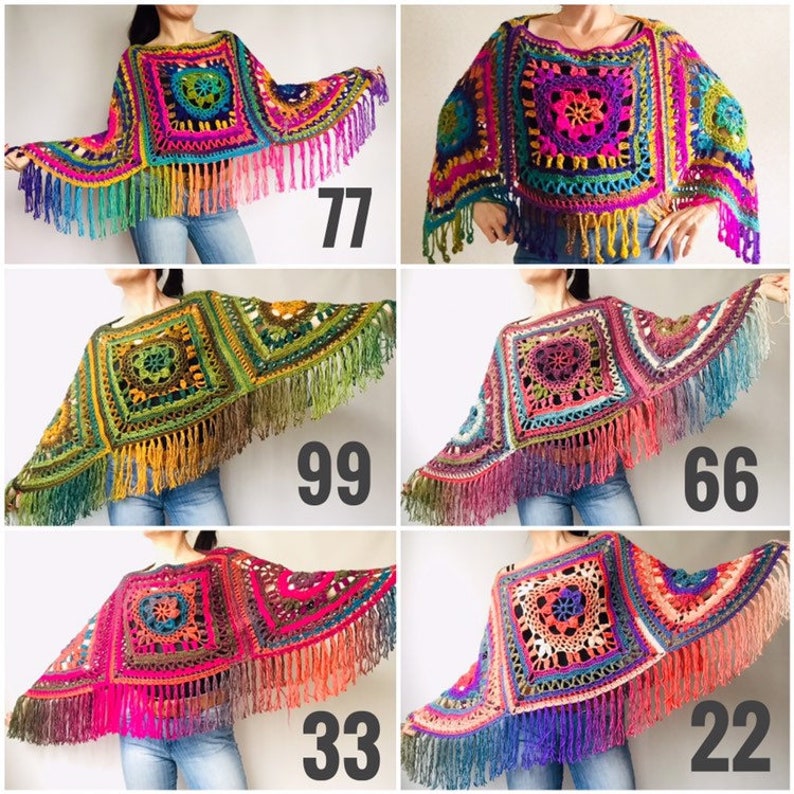 Multicolored Loose fit sweater Knit crochet Vegan festival hippie Pride winter poncho wrap plus size Rainbow soft poncho Women fringe vest
