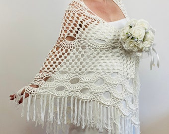 White Wedding Alpaca Fringe Shawl, Beige Wool Winter Bridal Wrap Bridesmaid gift Mother of Bride