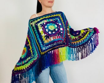 Blue Poncho Women Plus size, Gray wool Large Shawl, Loose knit fringe vest, Hand knit triangle lace scarf Hippie Evening Wraps Beige Black