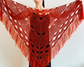 from USA Terracotta Wool Shawl Mohair Wrap Scarf Fringe, Evening Shawl, Triangle Shoulder Wrap, Crochet Shawl, Lace Shawl Length 67"/170cm