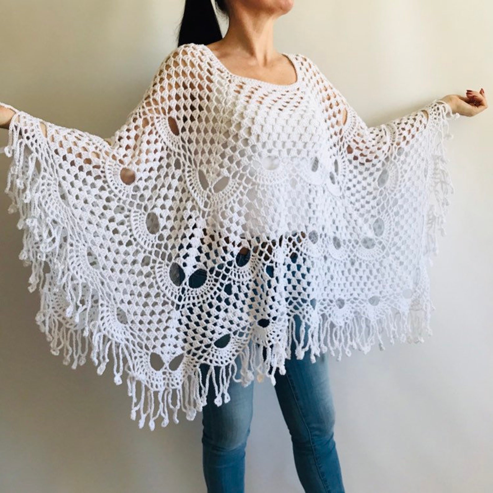 White Plus size poncho women Crochet shawl fringe Lace Etsy