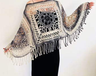 Gray Cotton Crochet Fringe Poncho, White Summer Boho Wrap, Beach Cover Up