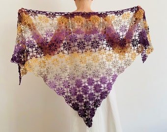 from USA Women Triangle Shawl Hand Dyed Purple Crochet Lace Wool Shawl Orange Hand Knit Gradient Winter Warm Evening Wrap, Anniversary Gift