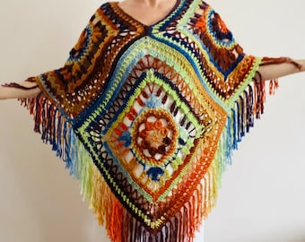 Poncho with Hood wool Coat gray Plus size poncho women Man Loose knit oversized poncho, Crochet hippie cape Evening shawl wraps Brown Black