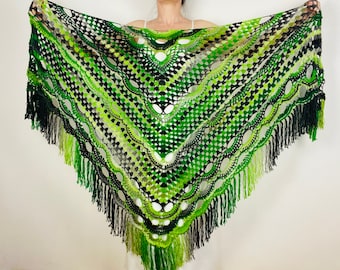 Green Crochet Shawl Fringe Wool shoulders wrap Gradient Shawl Women Evening Shawl Triangle Shawl Hippie Festival Shawl
