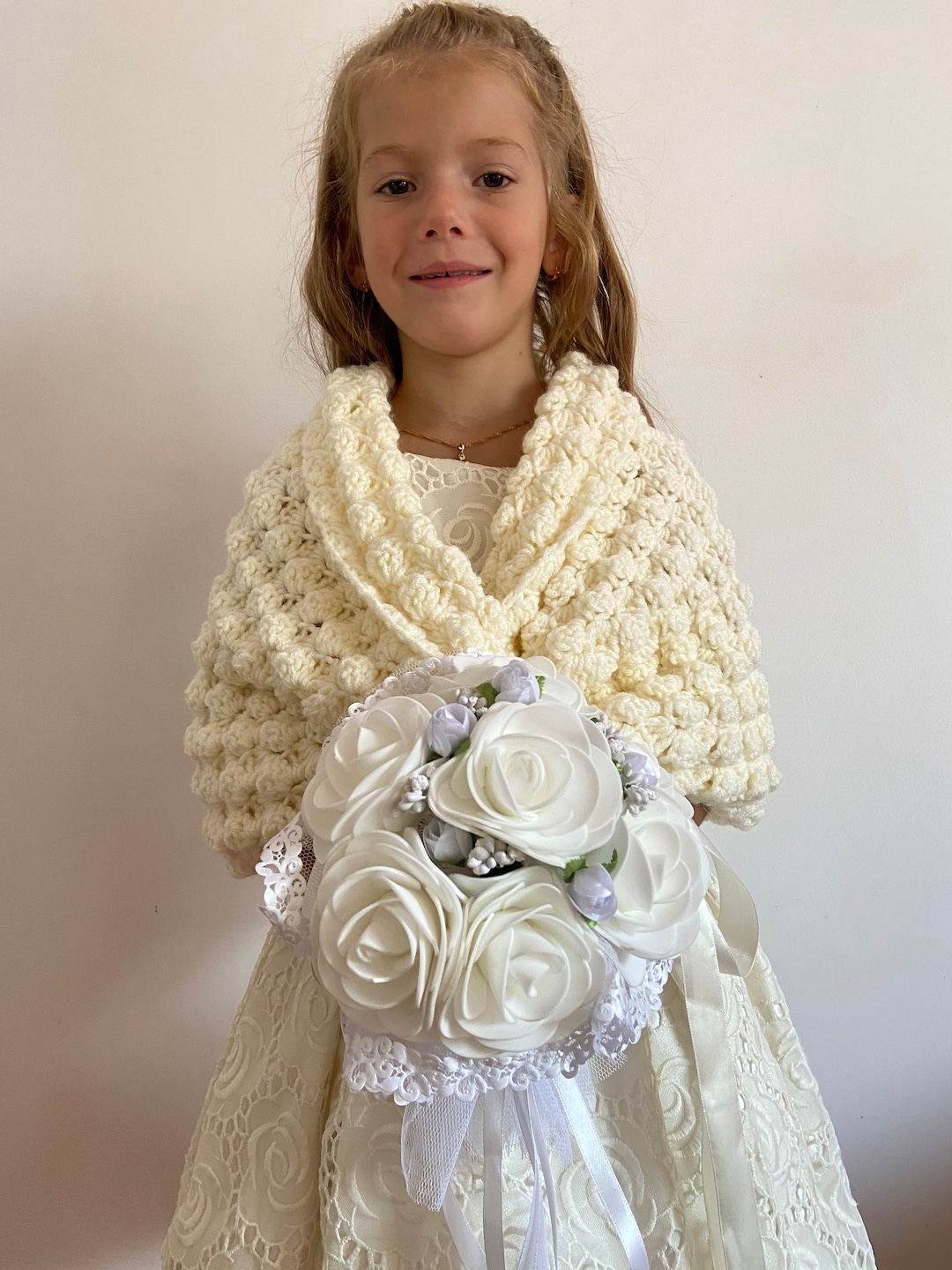 From USA Flower Girl Shawl, Cream Shrug Ivory Kids Wedding Wrap, White