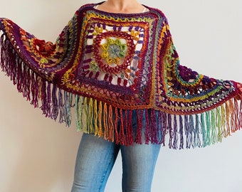 Burnt Orange Women Wool Fringe Poncho, Rainbow Plus Size Warm Hippie Shoulder Cover
