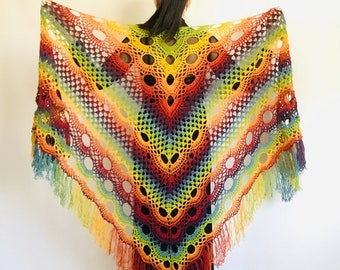 Rainbow Crochet Shawl Knit Fringe Lace Wool Shawl Wrap Woman Bohemian Bridal Shawl Wool Wedding Festival Triangle Shawl Gay Pride LGBTQ