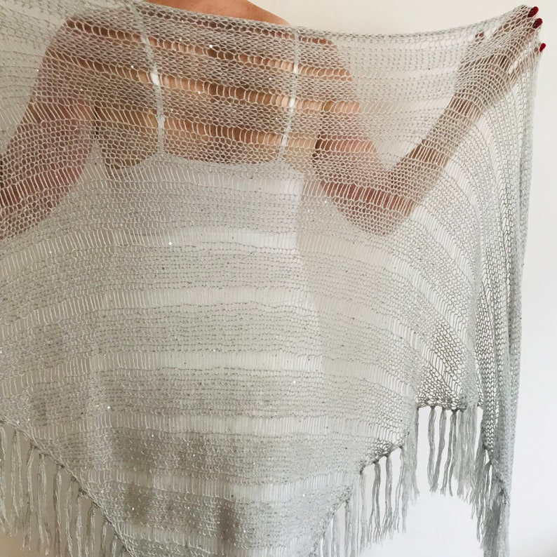 from USA Gray Mohair Wedding Shawl Fringe Triangle Shawl Sequins Bridal Shawl, Bride Wool Shawl Women, Bridesmaid Shawl Length 133/340cm image 10