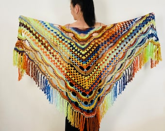 Multicolor Wool Crochet Shawl: Triangle Fringe Wrap, Plus Size