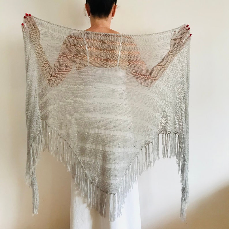 from USA Gray Mohair Wedding Shawl Fringe Triangle Shawl Sequins Bridal Shawl, Bride Wool Shawl Women, Bridesmaid Shawl Length 133/340cm image 6