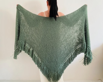 Sage Green Alpaca Fringe Shawl, Knit Wool Wedding Formal Bridal Wrap, Bridesmaid Cover-up