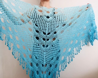 from USA Length 82"/210cm Blue 100 cotton shawl fringe triangle shawl gradient festival shawl shoulder wrap hand crocheted bridesmaid shawl